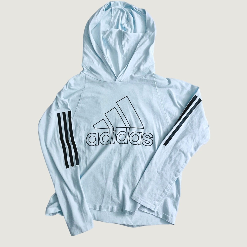 Adidas Girls Light Blue Long Sleeve Hoodie Graphic Loose Fit School M 10-12